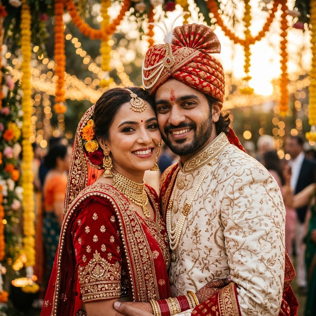 Aarav and Meera in traditional Indian wedding attire